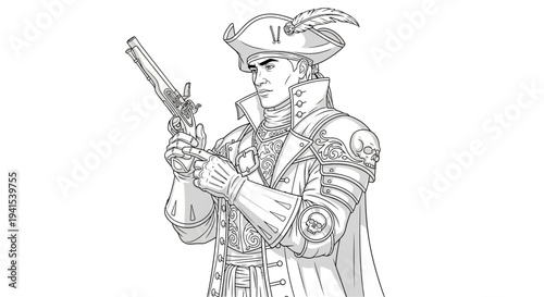Pirate Captain with Pistol, Vintage Military Uniform, Detailed Line Art Illustration