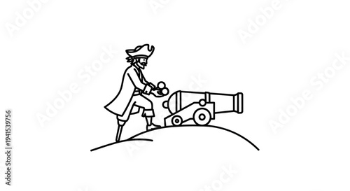 Pirate loading cannon on hill, historical illustration