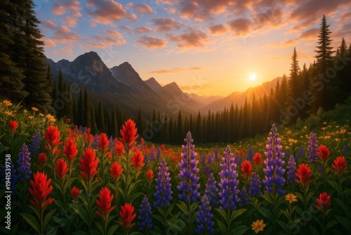 Vibrant alpine meadow sunset