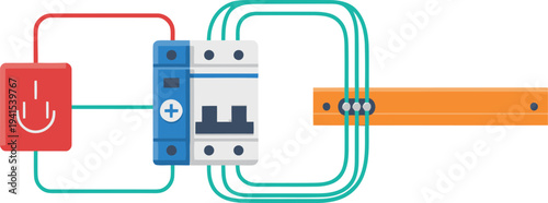 Modern power distribution diagram illustration. Clean, teal and blue design showcases electrical components and a power bar. Suitable for tech, business, and energy concepts.