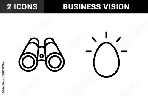 Discovery and incubation concept symbols for business strategy. Minimalist monoline egg and binoculars for vision, growth, and research themes.