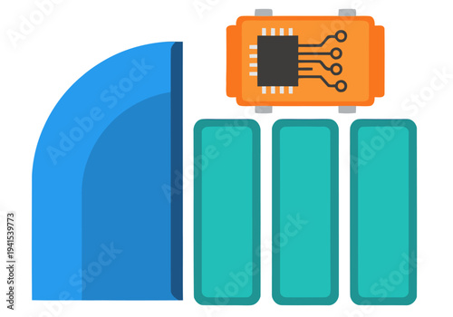 Modern modular pod component layout illustration. Clean, geometric design with vibrant blue and orange accents. Ideal for tech, design, and business concepts.