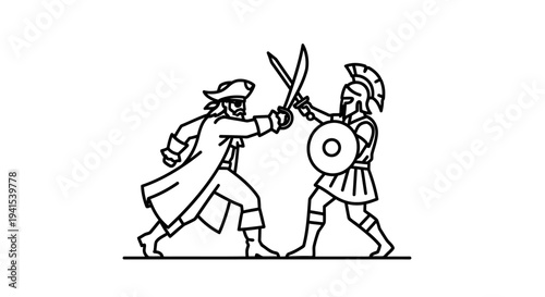 Pirate Fighting Roman Soldier with Swords and Shield, Line Art Illustration