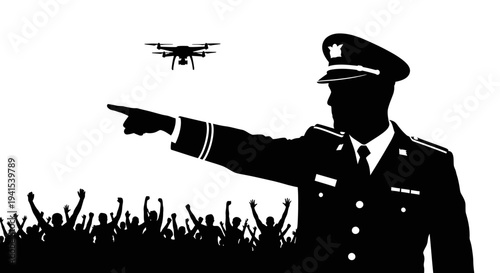 Police Officer Directs Drone Surveillance Over Crowd, Surveillance State Concept