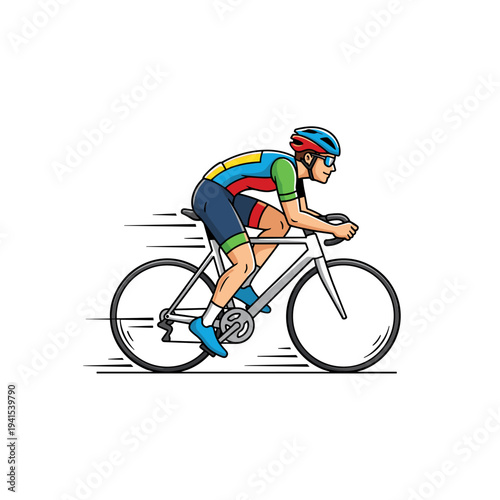 Cartoon style male cyclist riding a bicycle at speed