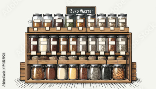 Wooden Shelf with Jars of Cosmetics Products.