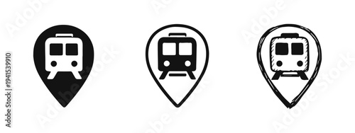Train station and public transport location pin icon set in solid, outline, and hand-drawn styles.