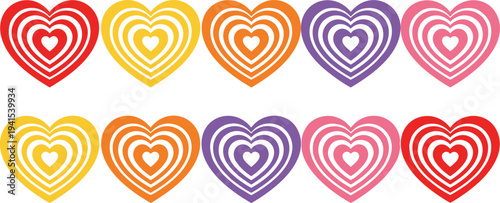 Colorful psychedelic heart vector collection featuring concentric layered shapes in red yellow orange purple and pink for retro designs.