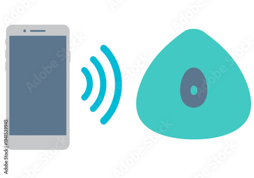 Smartphone syncing with a pod. Modern graphic design showcasing wireless connection and data transfer. Clean, teal and white color scheme.