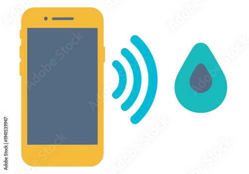 Smartphone sync icon with water droplet and signal waves. Modern, teal and white design. Ideal for tech, connectivity, and digital concepts.