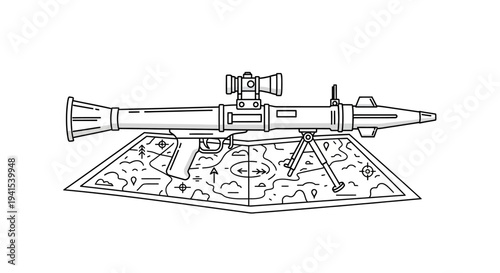 Rocket Launcher with Scope on Map, Military Strategy and Warfare Concept