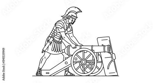 Roman soldier operating ancient artillery cannon, historical warfare illustration
