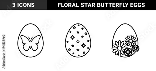 Easter egg coloring pages with butterfly, stars and floral patterns. Hand-drawn minimalism monoline drawings for holiday activities and crafts.