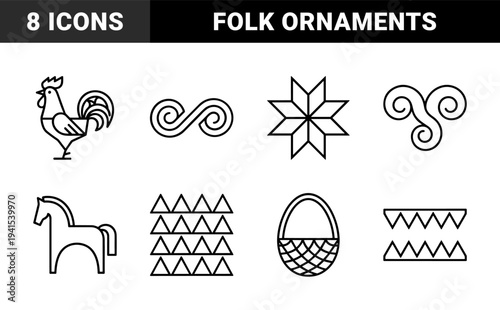 Folk art ornaments and traditional cultural symbols in chunky monoline style. Minimalist ethnic graphic elements featuring rooster, horse, and geometric patterns.