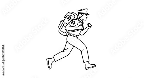 Running Soldier with Backpack, Military Training, Outdoor Activity