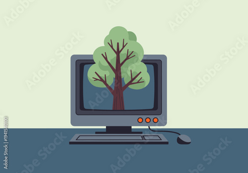 A stylized computer screen displays a growing tree, symbolizing tech-driven reforestation. Modern, graphic design. Suitable for environmental or technology themes.