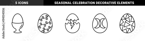 Easter holiday celebration and spring seasonal branding elements. Technical monoline pictograms featuring decorated, cracked, and boiled eggs.