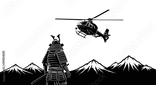 Samurai Warrior Facing Helicopter Over Snowy Mountains - Black and White Illustration