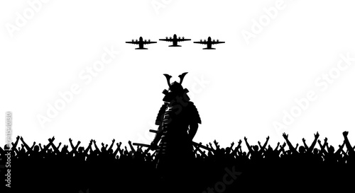 Samurai Warrior Silhouette with Airplanes and Crowd