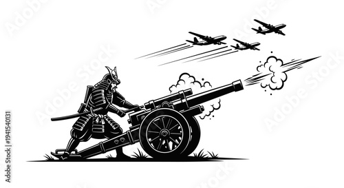 Samurai Warrior Fires Cannon at Airplanes, Historical Battle Scene, Black and White Illustration