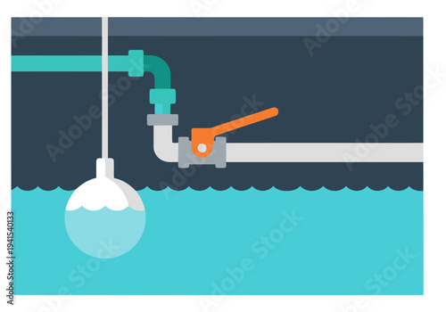 A stylized illustration depicts a float valve regulating water flow in a hydroponic tank. Clean lines and a modern design showcase the system's functionality. Bright colors and a clear visual.
