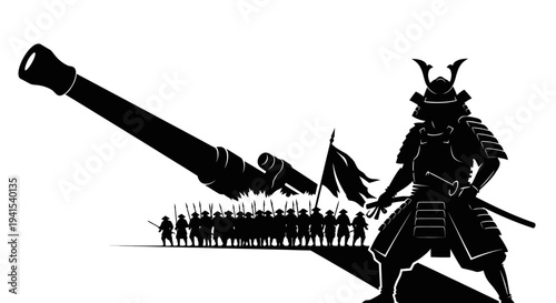 Samurai Warrior Leading Army with Cannon Silhouette