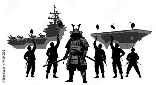Samurai Warrior Stands Proudly Between Modern Aircraft Carriers and Soldiers