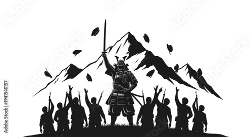 Samurai Warrior Standing Tall with Raised Sword Amidst Mountains and Supporters