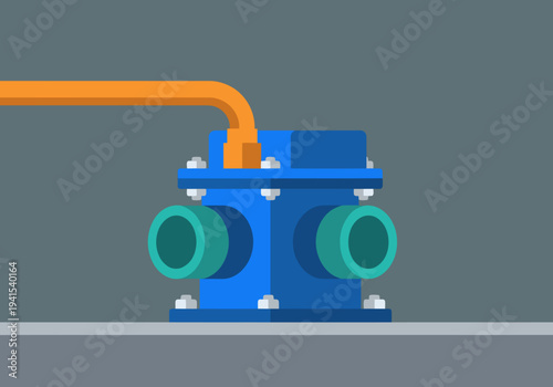 A stylized illustration depicts a solar pump hydroponic system.  Bold blue pump with orange tubing. Clean, modern design. Ideal for tech, agriculture, and sustainability visuals.