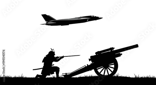 Samurai Warrior with Cannon Aims at Modern Jet Fighter in Silhouette
