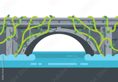 A stylized illustration depicts a vine-covered bridge reclaimed with concrete, spanning a river. The design showcases a blend of nature and architecture, offering a visually striking composition.