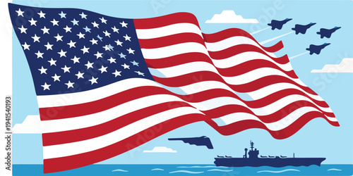 Vector illustration of the United States flag waving over the ocean with aircraft carrier and fighter jets flying in the sky.
