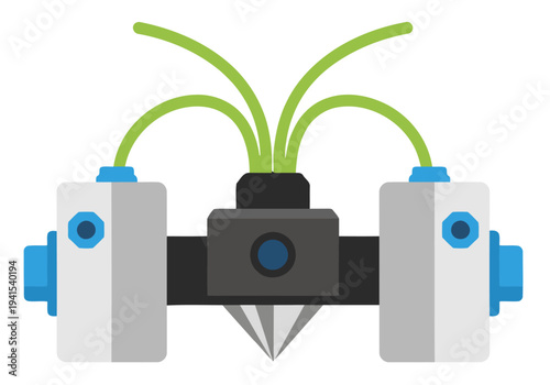 A stylized illustration showcases a hardened steel nozzle abrasive with dual nozzles. Modern, clean design with blue and grey tones. Ideal for technical or industrial concepts.