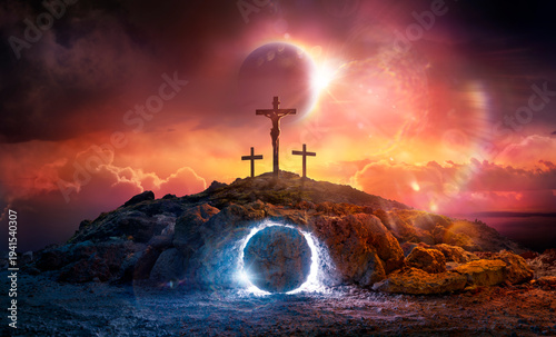 Crucifixion of Jesus Christ in Hill At Sunset And Empty Tomb With Rolled Stone With Abstract Lights Flare Effects