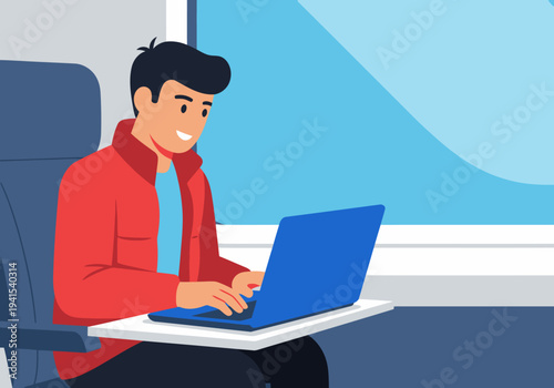 A smiling traveler works remotely on a laptop during a train journey. Modern, vibrant illustration for remote work trips.