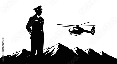 Silhouette of a military officer overlooking mountains with a helicopter flying