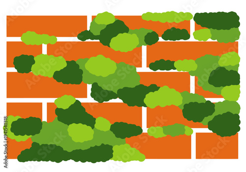 A vibrant graphic depicting moss reclaiming a brick wall. Bold orange brick contrasts with lush green moss, creating a striking, modern design. Perfect for nature, urban, or sustainable themes.