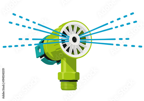 A vibrant green micro spray nozzle emits a focused stream of water. Modern illustration style, clean design, ideal for water conservation themes.