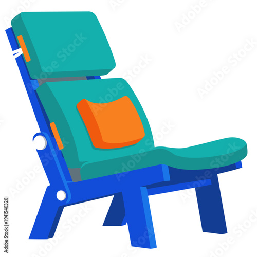 A vibrant ergonomic seat pod illustration showcases its design. Bold blue frame, teal cushions, and orange support highlight comfort and support. Perfect for design or wellness visuals.