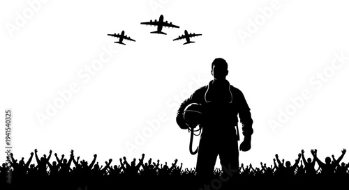 Silhouette of Air Force Pilot with Fighter Jets Flying Overhead and Cheering Crowd Below