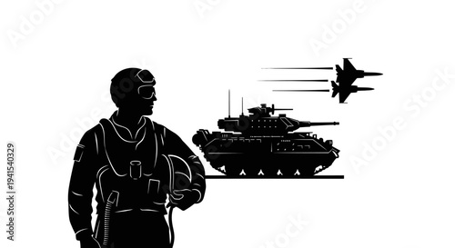 Silhouette of a Pilot with Tank and Fighter Jets, Military Power and Aviation Concept