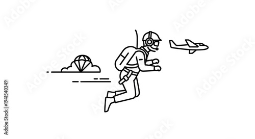 Skydiver Jumps from Plane with Parachute, Extreme Sport Adventure