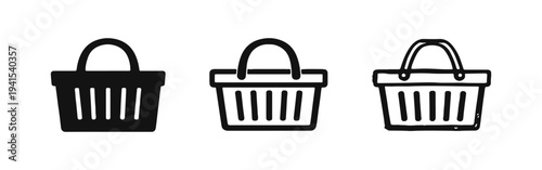 Shopping basket icon set for retail and e-commerce in solid, outline, and hand-drawn styles.