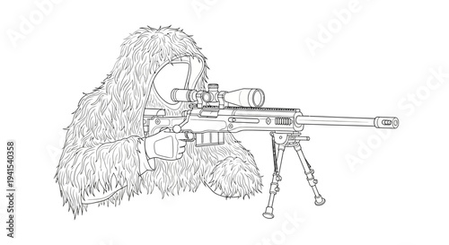 Sniper Camouflage Ghillie Suit Aiming Rifle Scope Military Special Forces Soldier Illustration