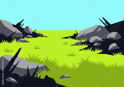 Vibrant meadow recovery scene. Stark rocks contrast with lush green grass. A stylized landscape evoking restoration and nature's resilience. Ideal for environmental themes.