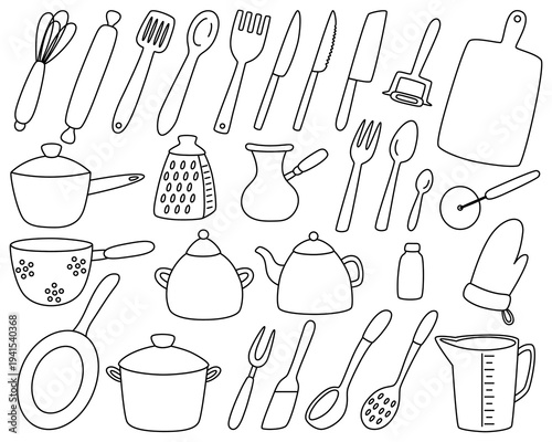 Line set of kitchen utensils, dishes. Kitchen concept. Cooking tools. Flat objects in doodle style. Vector cartoon illustration.