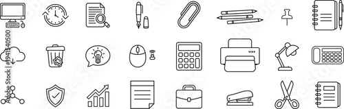 Minimalist Office Stationery and Business Icon Set Featuring Desktop Computer, Calculator, Printer, and Professional Supplies