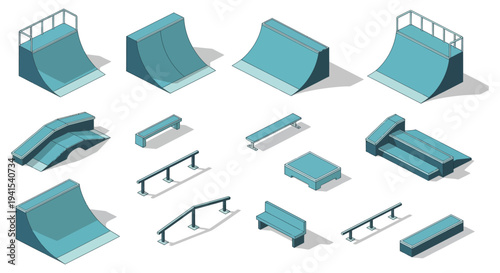 Isometric illustration of various skatepark ramps and features presented in a minimalist style silhouette high quality professional detailed modern elegant stylish