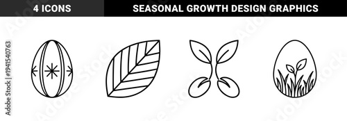 Easter spring nature symbols featuring decorated egg, veined leaf, and sprouting seedlings in a clean monoline minimalist aesthetic.