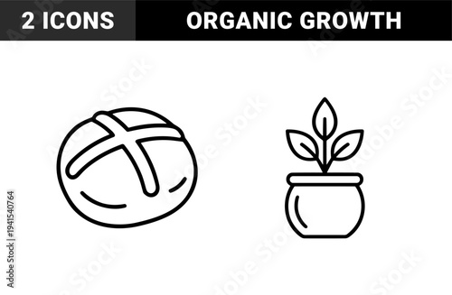 Sustainable agriculture and organic food production symbols featuring a potted seedling and fresh baked bread. Minimalist monoline pictograms for bakery branding and gardening guides.